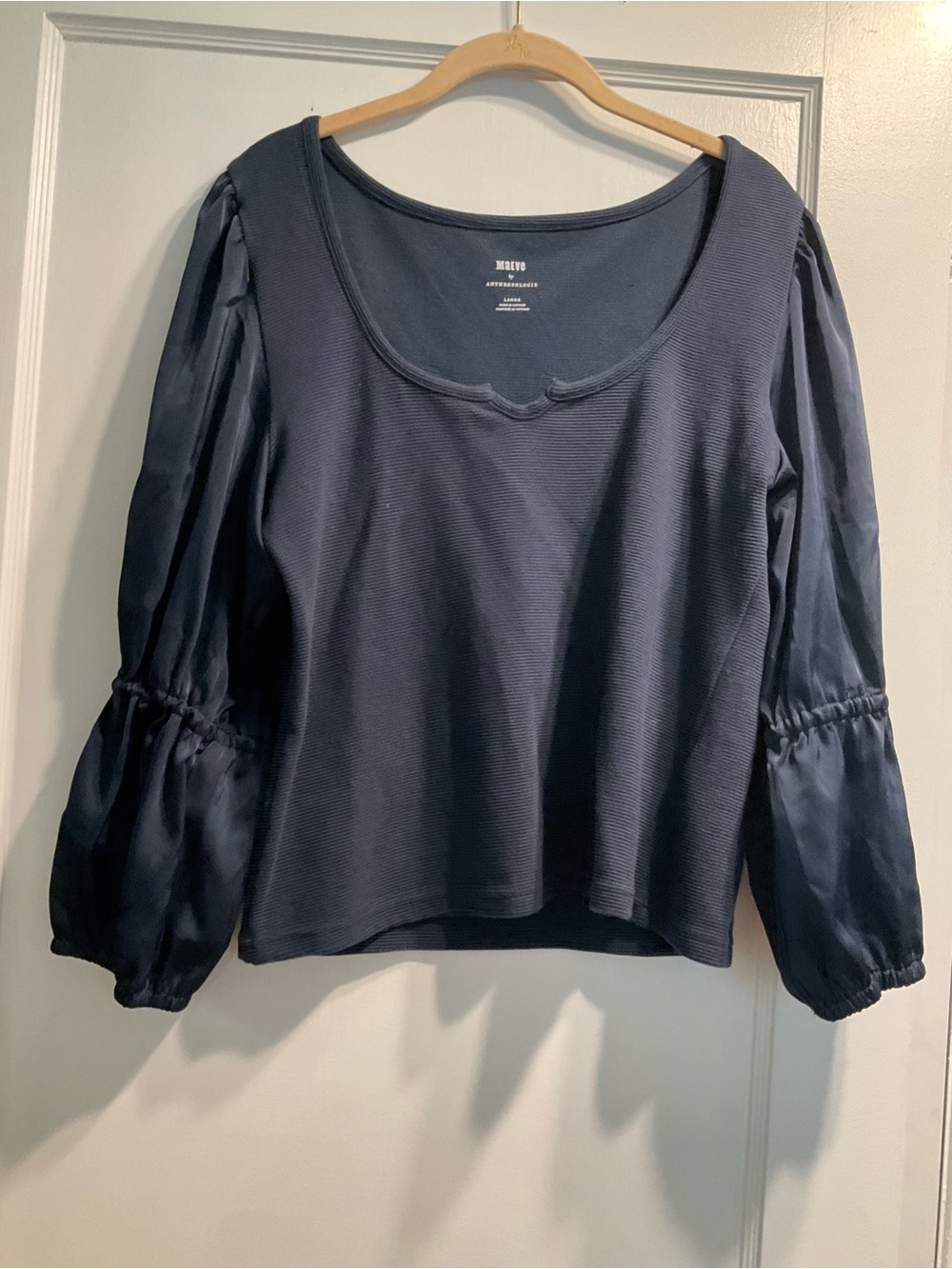 Maeve Navy Scoop Neck Top with Satin Balloon Sleeves
